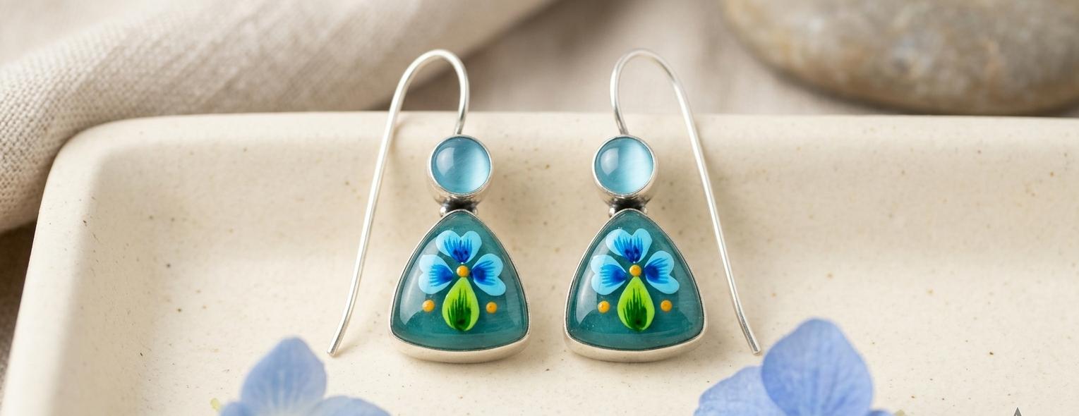 Enamel Earrings, Blue Cloisonne Earrings For  women