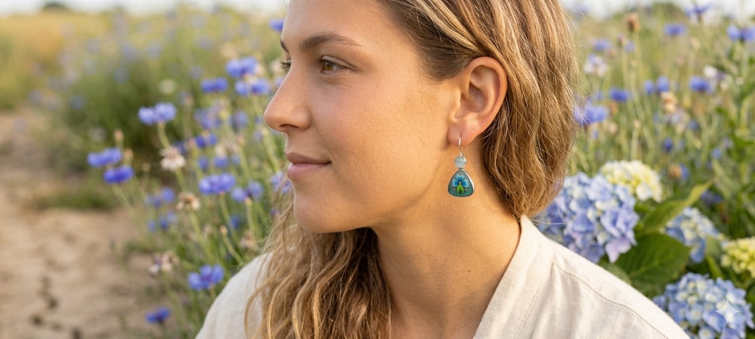 Enamel Earrings, Blue Cloisonne Earrings For  women